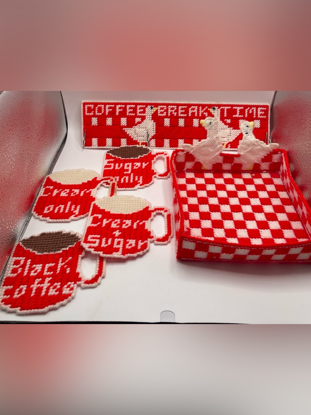 Handmade Red Coffee Themed Coasters and Napkin Holder Set